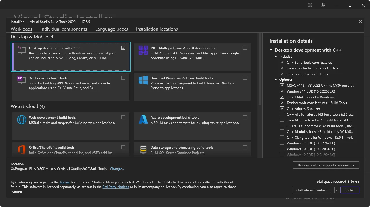 Visual Studio C++ Build Tools installer screenshot
